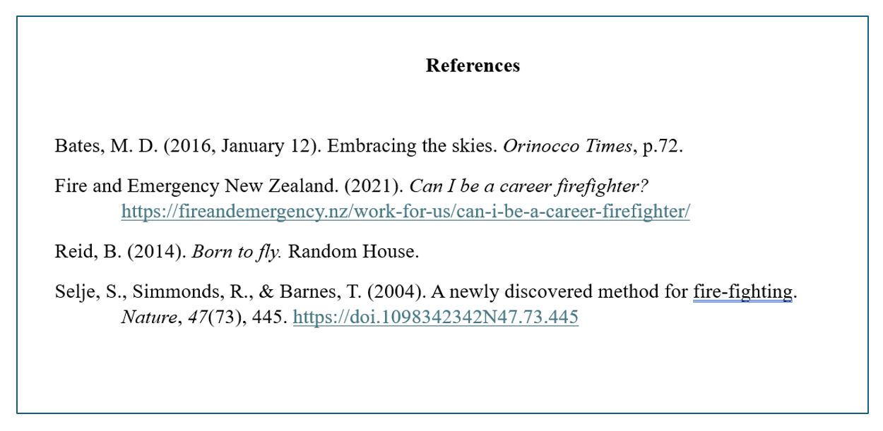 References list demonstrating format of different source types