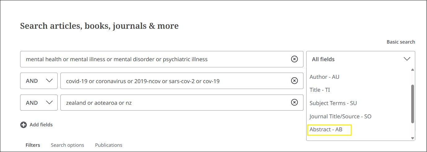 Image shows how to select Abstract to limit search